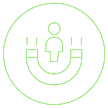 Ícone verde de ímã com pessoa ao centro, representando atração de talentos. 