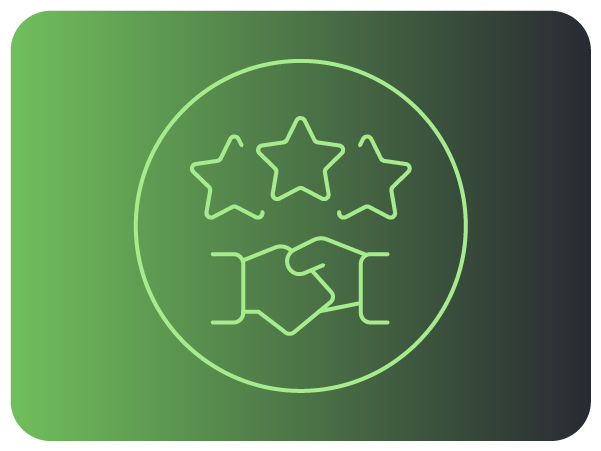 Ícone verde de aperto de mãos e estrelas, simbolizando parceria e confiança.