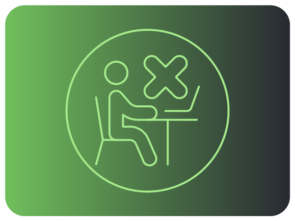 Ícone verde de pessoa sentada com X, representando reprovação ou recusa.