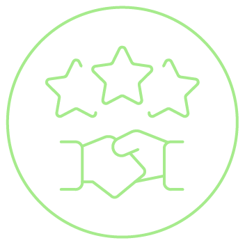 Ícone verde de aperto de mãos e estrelas, simbolizando parceria e confiança.
