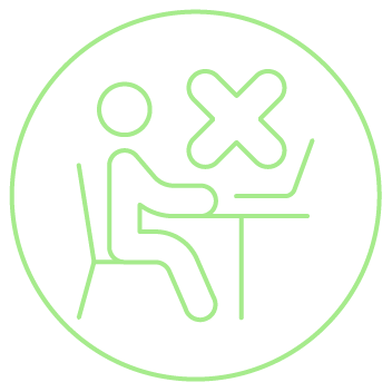 Ícone verde de pessoa sentada com X, representando reprovação ou recusa.