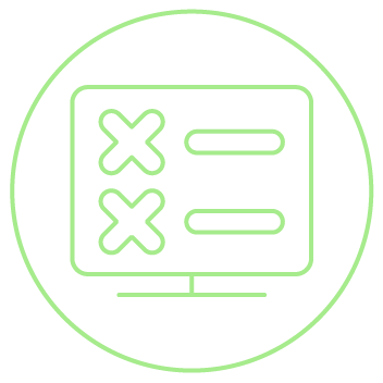 Ícone verde de tela com símbolos de erro, representando exclusão ou filtro.