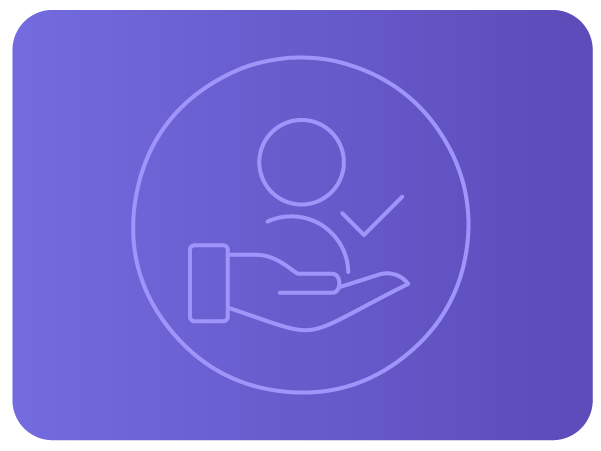 Ícone roxo de mão segurando um usuário com marca de verificação. Ícone roxo de mão segurando um usuário com marca de verificação.