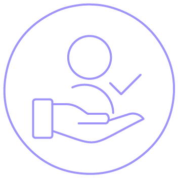 Ícone roxo de mão segurando um usuário com marca de verificação.