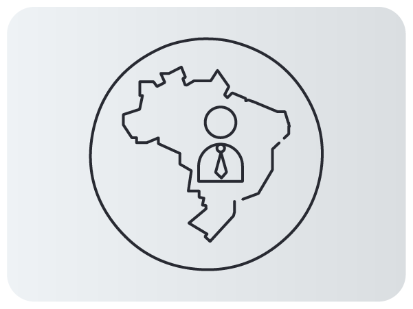 Pessoa com gravata sobre mapa do Brasil dentro de círculo.