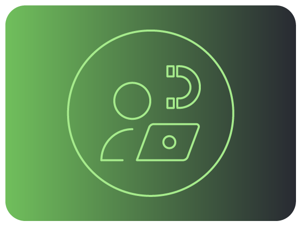 Ícone verde de pessoa com laptop e ímã, simbolizando atração, engajamento ou captação. Ícone verde de pessoa com laptop e ímã, simbolizando atração, engajamento ou captação.