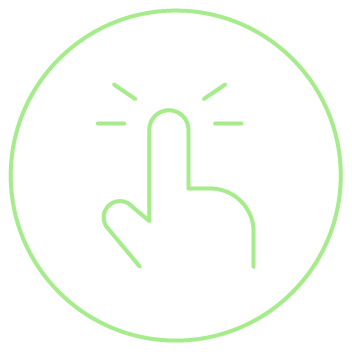 Ícone circular verde com dedo tocando, representando ação de clique.