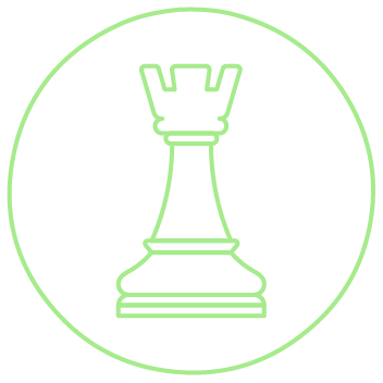 Ícone verde de torre de xadrez, simbolizando estratégia, liderança ou planejamento.