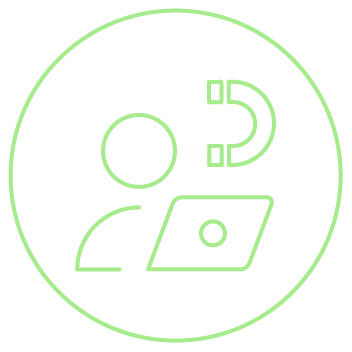 Ícone verde de pessoa com laptop e ímã, simbolizando atração, engajamento ou captação.