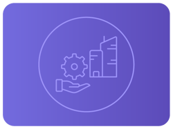 Ícone linear de Engrenagem e edifício sobre uma mão símbolo de check dentro de um círculo. Ícone linear de Engrenagem e edifício sobre uma mão símbolo de check dentro de um círculo.
