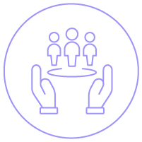 Ícone linear mostrando mãos abertas em volta de grupo de pessoas