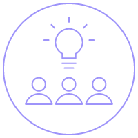 Ícone circular - lâmpada sobre três pessoas Ícone circular - lâmpada sobre três pessoas