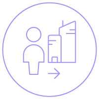 Ícone linear mostrando uma pessoa ao lado de um edifício e uma seta para a direita