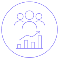 Ícone linear mostrando gráfico ascendente sob grupo de pessoas