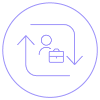 Ícone linear mostrando setas circulares em torno de uma pessoa com maleta de trabalho Ícone linear mostrando setas circulares em torno de uma pessoa com maleta de trabalho