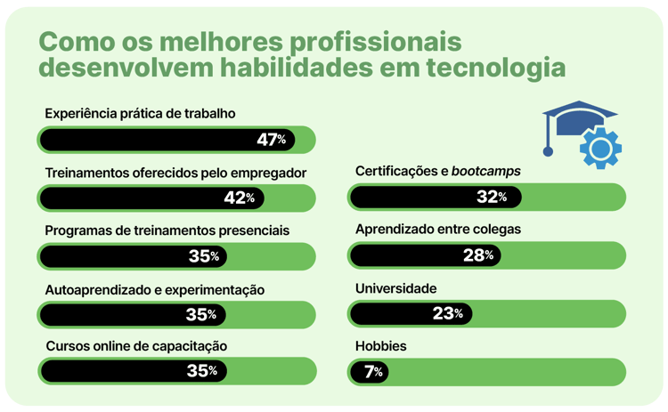 Gráfico de barras mostrando como profissionais desenvolvem habilidades em tecnologia, com "Experiência prática de trabalho" liderando com 47%.