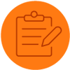 Este é um ícone laranja e circular com o desenho de um bloco de notas e um lápis. O bloco de notas tem um clipe de papel na parte superior e linhas horizontais no centro. Um lápis aponta para o bloco de notas. O estilo é uma imagem de vetor plana e simples, com um contorno de cor escura. Este é um ícone laranja e circular com o desenho de um bloco de notas e um lápis. O bloco de notas tem um clipe de papel na parte superior e linhas horizontais no centro. Um lápis aponta para o bloco de notas. O estilo é uma imagem de vetor plana e simples, com um contorno de cor escura.