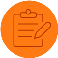 Este é um ícone laranja e circular com o desenho de um bloco de notas e um lápis. O bloco de notas tem um clipe de papel na parte superior e linhas horizontais no centro. Um lápis aponta para o bloco de notas. O estilo é uma imagem de vetor plana e simples, com um contorno de cor escura. Este é um ícone laranja e circular com o desenho de um bloco de notas e um lápis. O bloco de notas tem um clipe de papel na parte superior e linhas horizontais no centro. Um lápis aponta para o bloco de notas. O estilo é uma imagem de vetor plana e simples, com um contorno de cor escura.