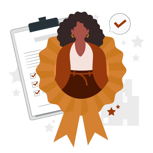 Uma mulher com cabelo afro emoldurada por uma medalha dourada é o destaque. Ao fundo, um checklist em uma prancheta com itens marcados e um balão de fala com um "check" reforçam a ideia de sucesso, reconhecimento e tarefas concluídas. 