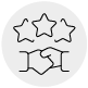 Um ícone circular com o desenho de duas mãos se apertando, simbolizando um aperto de mãos, e três estrelas alinhadas acima delas, ambos em linhas. Um ícone circular com o desenho de duas mãos se apertando, simbolizando um aperto de mãos, e três estrelas alinhadas acima delas, ambos em linhas.