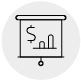Um ícone circular com o desenho de um flipchart. No flipchart, há o símbolo de dólar ao lado de um gráfico de barras ascendentes. Um ícone circular com o desenho de um flipchart. No flipchart, há o símbolo de dólar ao lado de um gráfico de barras ascendentes.