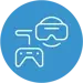 Ícone azul com controle e óculos de realidade virtual. Ícone azul com controle e óculos de realidade virtual.